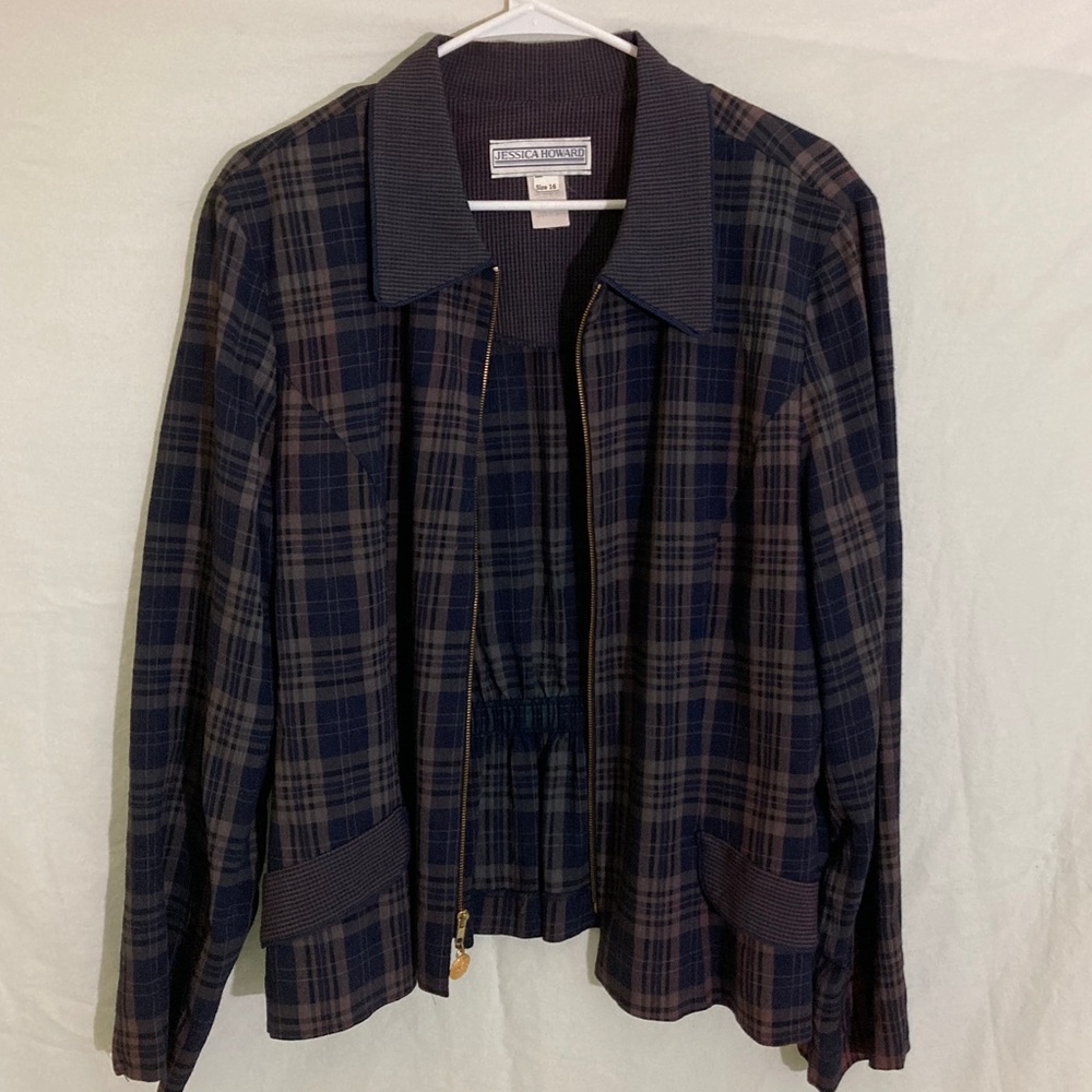 jessica Howard women’s jacket size 16 full zip plaid navy blue formal short coat